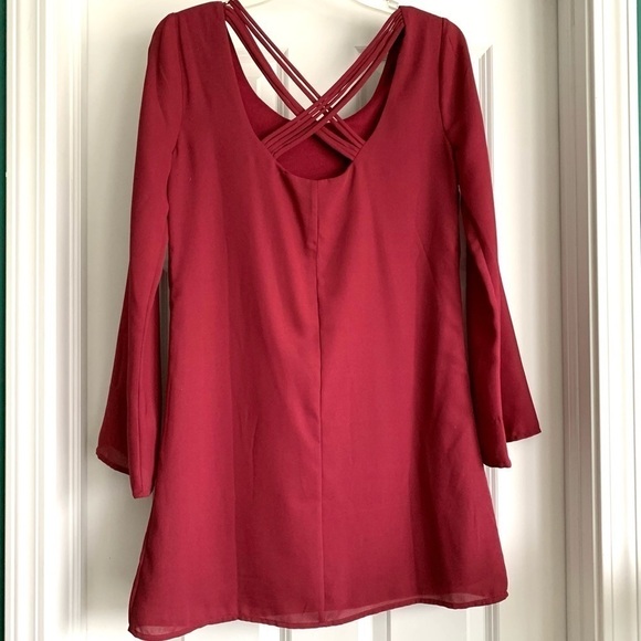 Charlotte Russe Maroon Long Sleeve Shift Dress size Small, Strappy Back - Picture 4 of 10